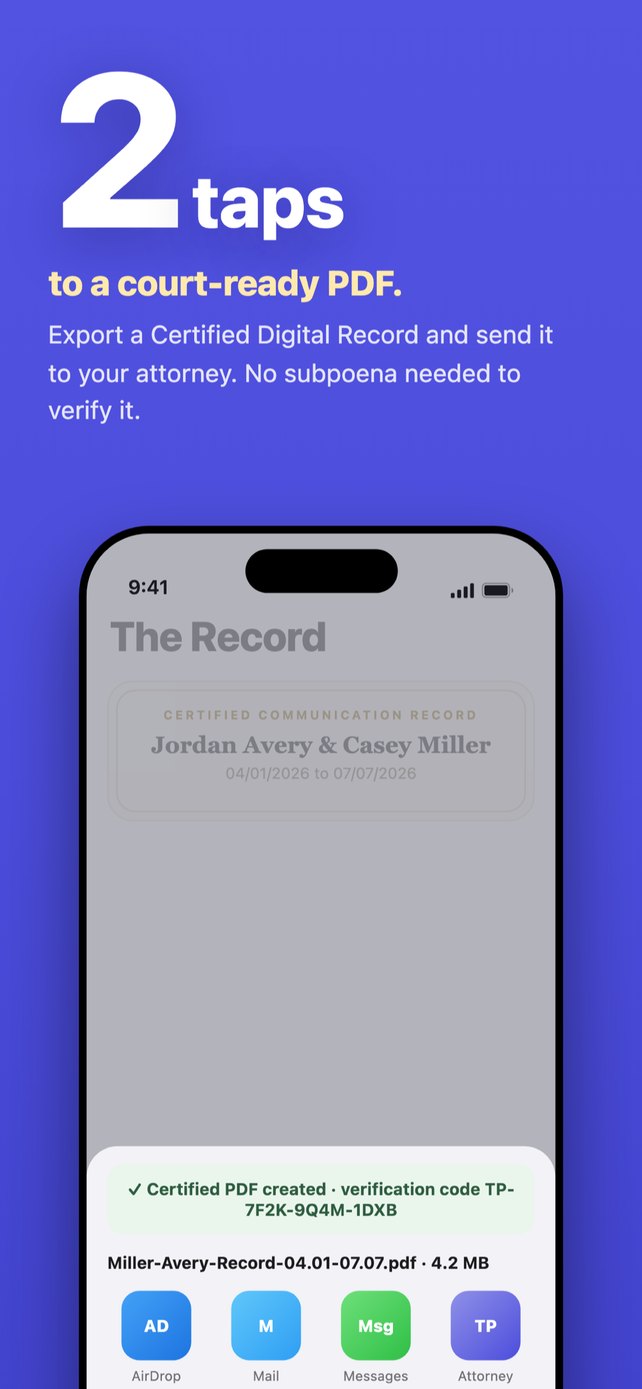 2 taps to a court-ready PDF. The Record tab exporting a TrueCopy.